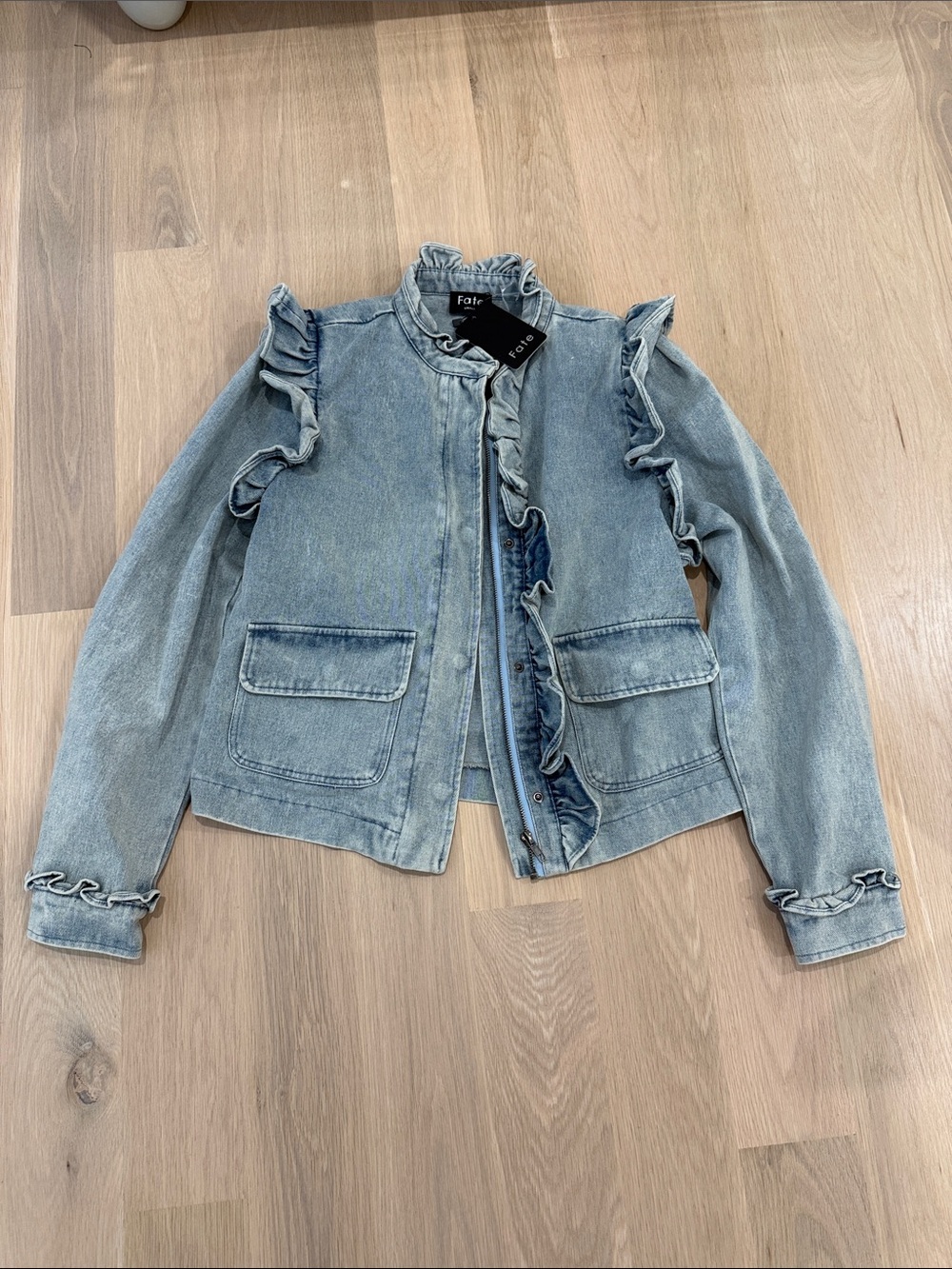 Fate Light Blue Ruffle-Trim Denim Jacket
